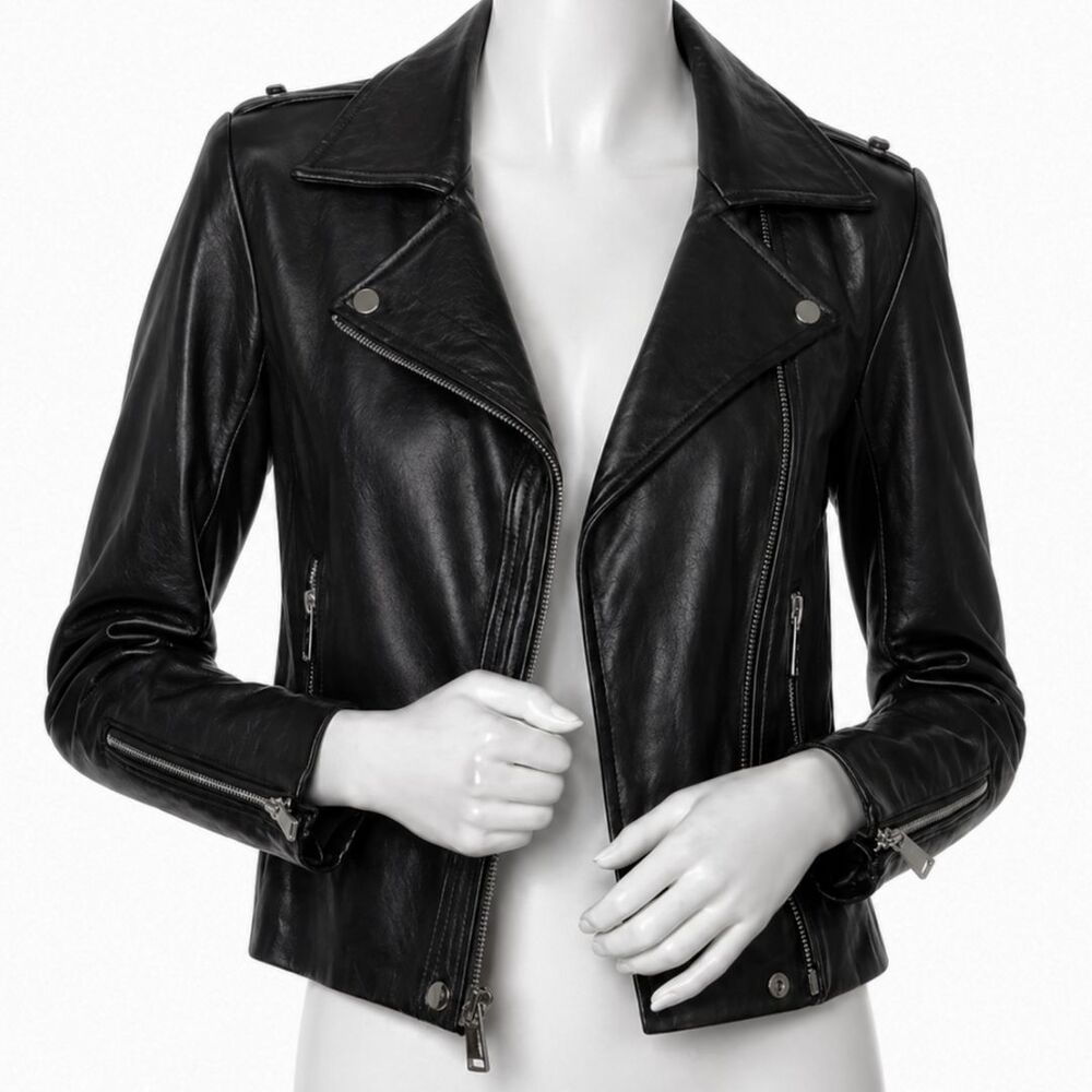 BCBG Generation Lamb Leather Moto Jacket Black Size M Zip Biker Chic NWOT - Picture 4 of 16